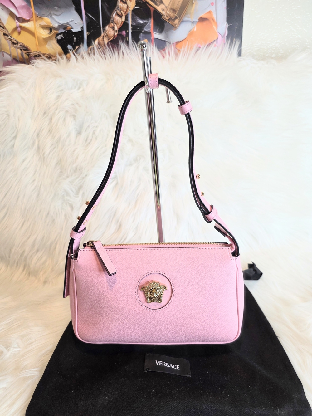 Versace Vitello Pink Leather Shoulder Bag with Gold Medusa Accent Dustbag New - Picture 7 of 10